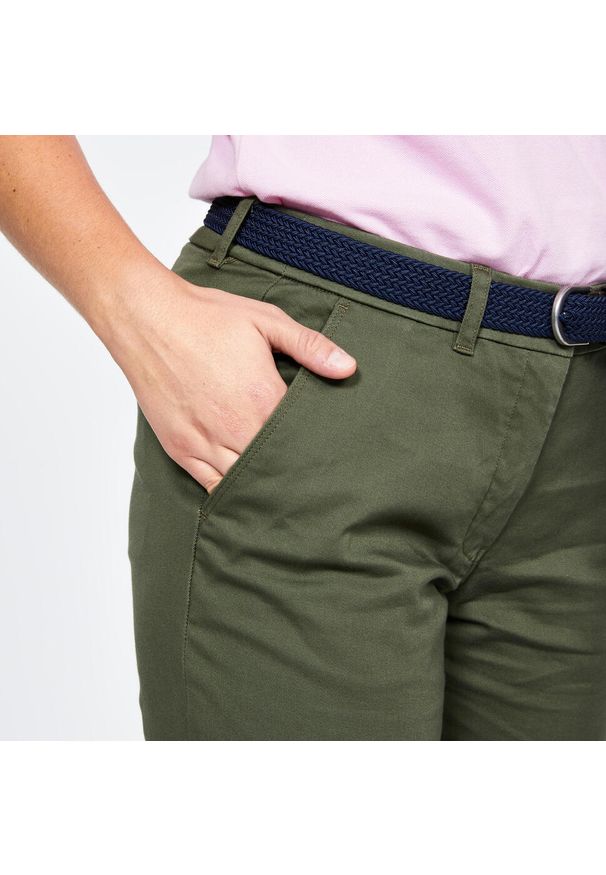 INESIS - Spodnie do golfa chino damskie Inesis MW500 bawełniane. Kolor: wielokolorowy, zielony, brązowy. Materiał: elastan, bawełna, poliester, materiał. Sport: golf