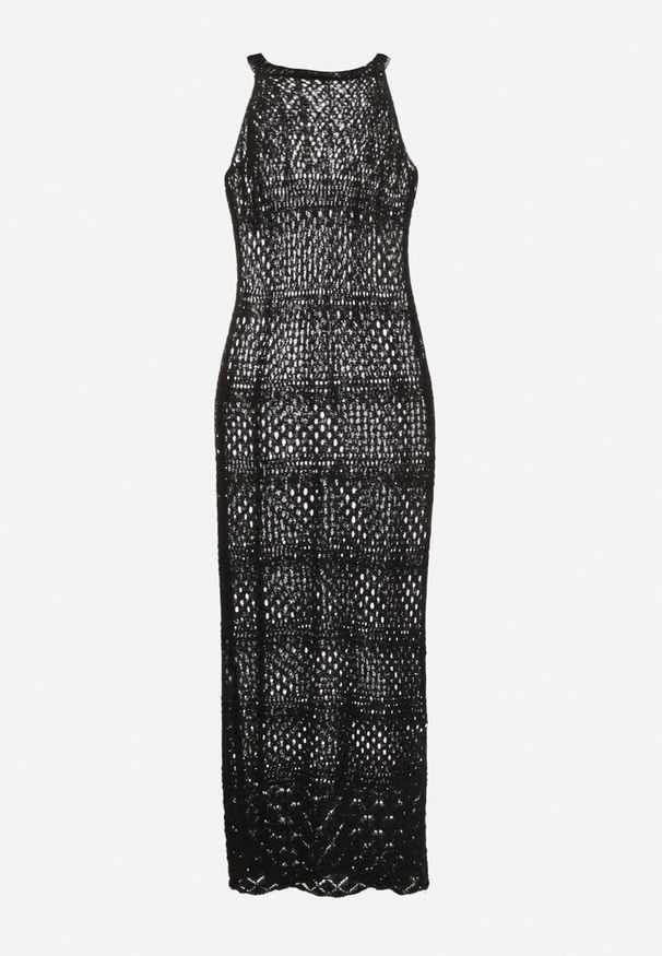 Born2be - Czarna Sukienka o Taliowanym Kroju z Ażurowej Dzianiny Tiamisse. Kolor: czarny. Materiał: dzianina. Wzór: ażurowy. Sezon: lato. Typ sukienki: oversize. Styl: elegancki