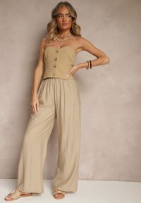 Renee - Ciemnobeżowe Wiskozowe Spodnie Palazzo High Waist z Lnem Linaselia. Okazja: na co dzień. Stan: podwyższony. Kolor: beżowy. Materiał: len, wiskoza. Styl: elegancki, casual #4