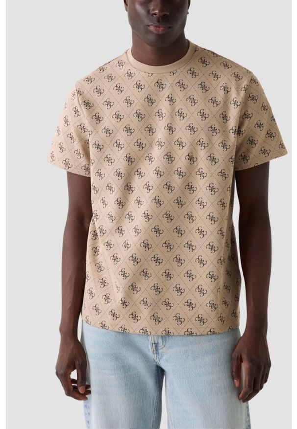 Guess - GUESS Beżowy męski t-shirt w monogram Jacquard 4G Knit, Rozmiar XL. Okazja: na co dzień. Kolor: beżowy. Styl: elegancki, casual