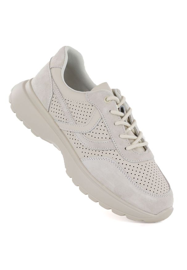 Skórzane półbuty damskie sportowe ażurowe beżowe Vinceza 41507. Kolor: beżowy. Materiał: skóra. Szerokość cholewki: normalna. Wzór: ażurowy. Styl: sportowy