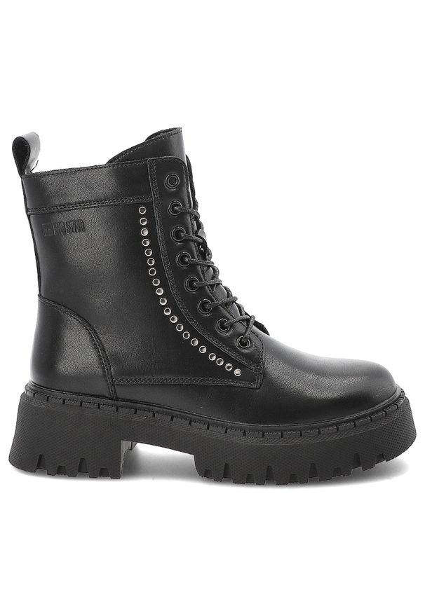 Big-Star - Czarne Glany Big Star Solidne Obuwie Damskie. Wysokość cholewki: przed kolano. Kolor: czarny. Szerokość cholewki: normalna. Wzór: aplikacja. Styl: rockowy, klasyczny