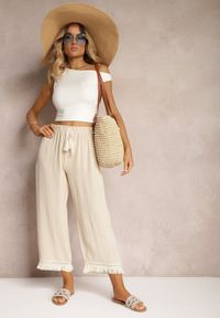 Renee - Beżowe Szerokie Spodnie High Waist z Gumką w Pasie Jolfea. Okazja: na co dzień. Stan: podwyższony. Kolor: beżowy. Materiał: tkanina. Styl: elegancki, casual