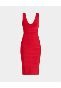 HERVE LEGER - Czerwona koktajlowa sukienka midi. Kolor: czerwony. Materiał: materiał. Typ sukienki: z odkrytymi ramionami. Styl: wizytowy. Długość: midi