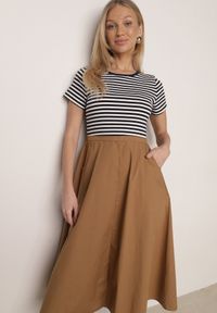 Born2be - Niebieska Rozkloszowana Sukienka z Bawełny z Górą w Paski Aethephaia. Okazja: na co dzień. Kolor: niebieski. Materiał: bawełna. Wzór: paski. Sezon: lato. Typ sukienki: rozkloszowane, proste. Styl: casual, klasyczny #8