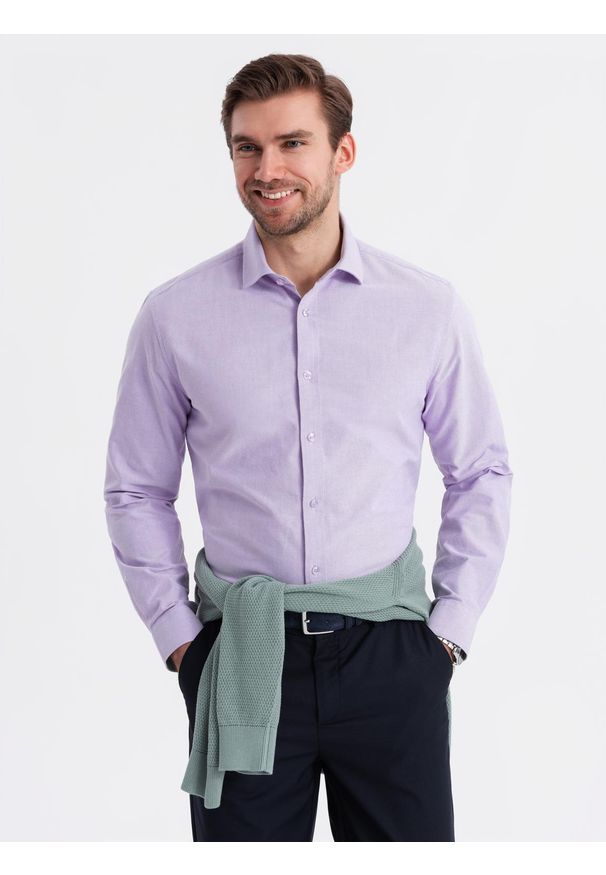 Ombre Clothing - Bawełniana męska pastelowa koszula typu oxford – lawendowa V2 - Rozmiar: XL. Kolor: fioletowy. Materiał: bawełna. Wzór: aplikacja, ze splotem. Styl: klasyczny, elegancki