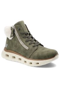Zielone Botki Rieker Ocieplane Buty Damskie. Okazja: na co dzień. Zapięcie: sznurówki. Kolor: zielony. Materiał: materiał. Szerokość cholewki: normalna. Styl: casual, sportowy #2
