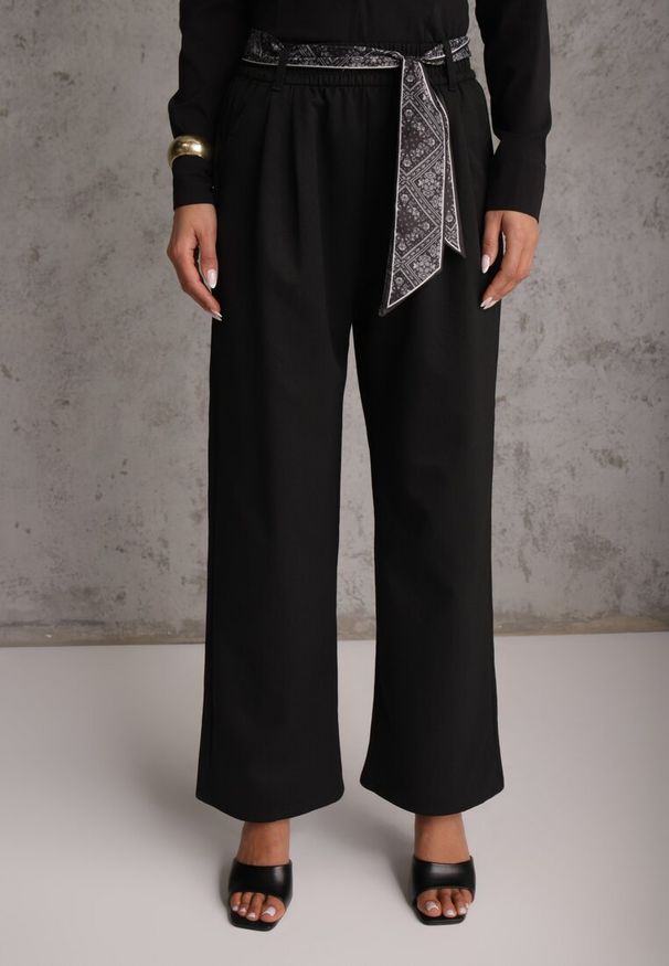 Renee - Czarne Bawełniano-Wiskozowe Spodnie Wide Leg z Paskiem Typu Apaszka Arlethia. Kolor: czarny. Materiał: wiskoza, bawełna. Styl: elegancki