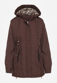 Renee - Brązowa Kurtka Parka z Kapturem w Oryginalny Wzór Wewnątrz Tiosara. Okazja: na spacer, na co dzień. Typ kołnierza: kaptur. Kolor: brązowy. Materiał: jeans. Wzór: aplikacja. Styl: casual #6