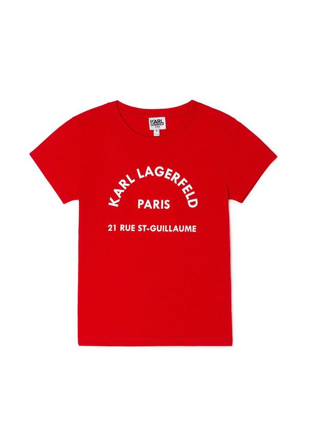 Karl Lagerfeld T-shirt bawełniany dziecięcy kolor czerwony. Okazja: na co dzień. Kolor: czerwony. Materiał: bawełna. Wzór: nadruk. Styl: casual