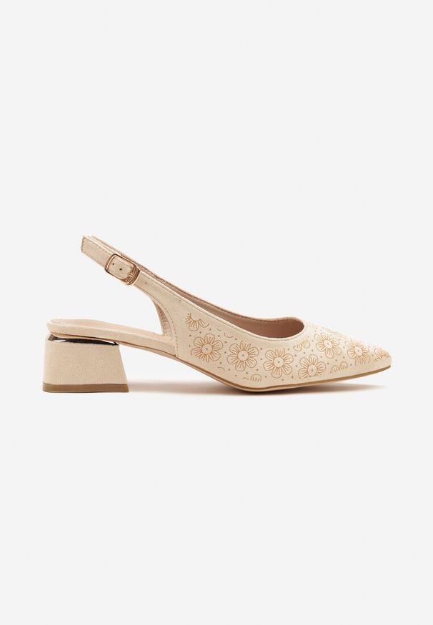 Renee - Beżowe Sandały Vices na Słupku Slingback ze Skórzaną Wkładką i Metaliczną Ozdobą Ciariloria. Okazja: na co dzień. Zapięcie: sprzączka. Kolor: beżowy. Materiał: skóra. Wzór: aplikacja. Obcas: na słupku. Styl: elegancki, casual, klasyczny. Wysokość obcasa: średni