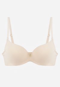 Born2be - Beżowy Gładki Biustonosz Push Up z Aplikacją z Cyrkoniami Murita. Kolor: beżowy. Materiał: materiał. Rodzaj stanika: push-up. Wzór: gładki, aplikacja #1