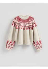 Reserved - Wzorzysty sweter - beżowy. Kolor: beżowy. Materiał: wełna, dzianina