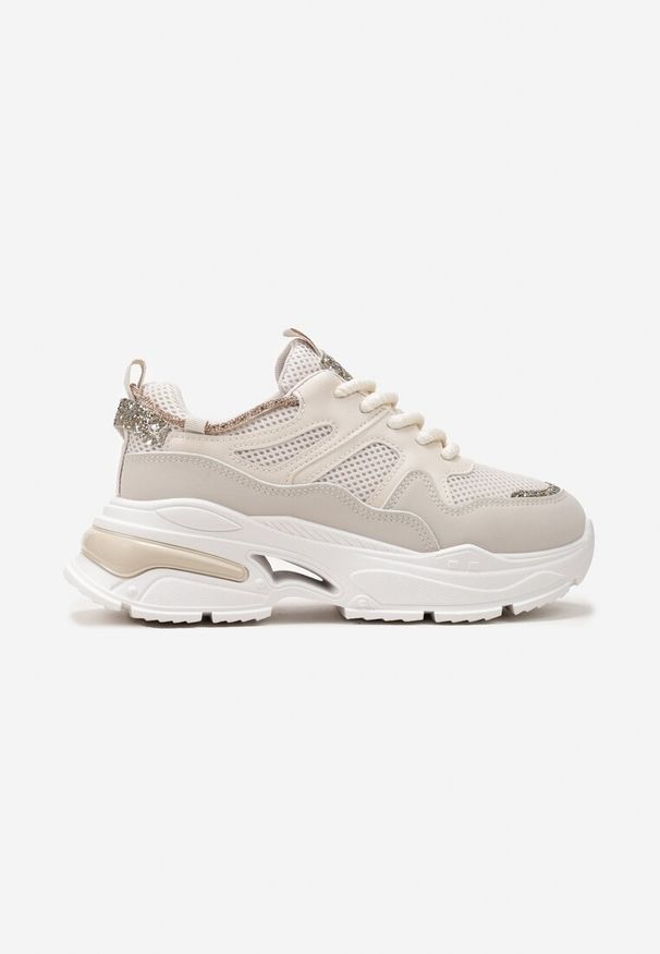 Born2be - Beżowe Sneakersy na Grubej Podeszwie z Brokatowymi Wstawkami i Cyrkoniami Wirnessa. Nosek buta: okrągły. Zapięcie: sznurówki. Kolor: beżowy. Materiał: materiał. Obcas: na obcasie. Wysokość obcasa: niski