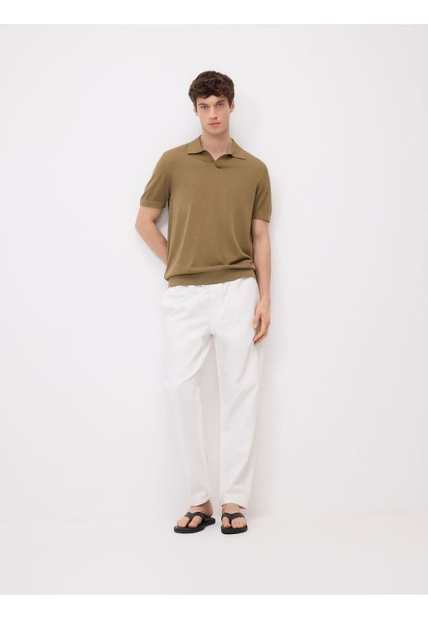 Reserved - Sweter polo z domieszką lnu - oliwkowy. Typ kołnierza: polo. Kolor: oliwkowy. Materiał: len