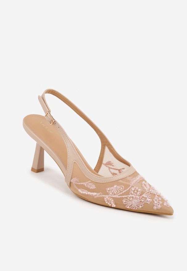 Renee - Beżowe Czółenka Slingback z Siateczki VICES na Kaczuszce z Haftem i Koralikami Vilin. Okazja: na wesele, na ślub cywilny, na imprezę. Zapięcie: pasek. Kolor: beżowy. Wzór: haft. Obcas: na szpilce. Styl: elegancki, klasyczny