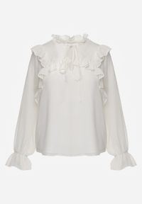 Renee - Biała Bluzka w Stylu Coquette z Falbankami i Wiązaniem przy Szyi Seathrina. Typ kołnierza: kołnierz z falbankami. Kolor: biały. Materiał: poliester, jeans #3