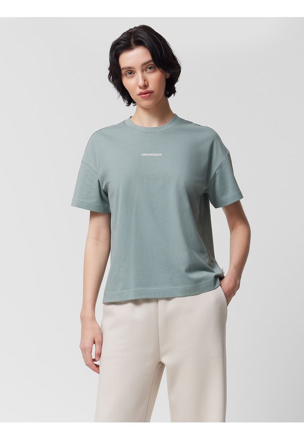outhorn - T-shirt z nadrukiem damski Outhorn - morski. Kolor: turkusowy. Materiał: bawełna, dzianina. Długość rękawa: krótki rękaw. Długość: krótkie. Wzór: nadruk