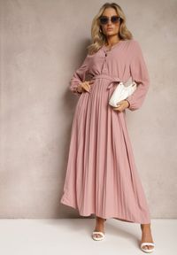 Renee - Ciemnoróżowa Rozkloszowana Sukienka Maxi Plisowana Wiązana w Pasie Terilla. Kolor: różowy. Materiał: materiał. Typ sukienki: koszulowe. Długość: maxi #3