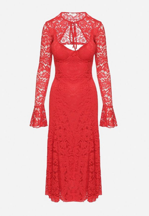 Born2be - Czerwona Koronkowa Sukienka o Rozkloszowanym Kroju z Wiązanym Bolerkiem Gonneth. Okazja: na wesele, na ślub cywilny. Typ kołnierza: dekolt w kształcie V. Kolor: czerwony. Materiał: koronka. Długość rękawa: na ramiączkach. Typ sukienki: rozkloszowane