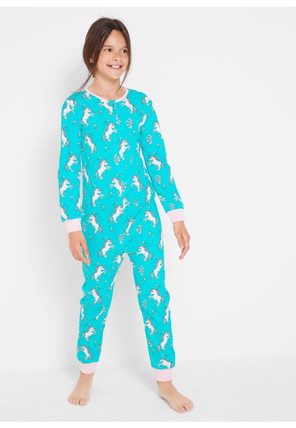 bonprix - Piżama jednoczęściowa z miękką, bawełną organiczną. Kolor: niebieski. Materiał: bawełna. Wzór: nadruk, aplikacja