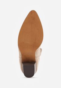 Born2be - Ciemnobeżowe Botki Kowbojki Vices na Obcasie Florefedi. Nosek buta: szpiczasty. Kolor: beżowy. Materiał: jeans. Obcas: na obcasie. Styl: klasyczny. Wysokość obcasa: średni #2