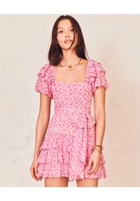LOVE SHACK FANCY - Różowa sukienka mini Kimbra. Typ kołnierza: dekolt kwadratowy. Kolor: różowy, wielokolorowy, fioletowy. Materiał: jedwab. Wzór: aplikacja, kwiaty. Styl: vintage. Długość: mini #1