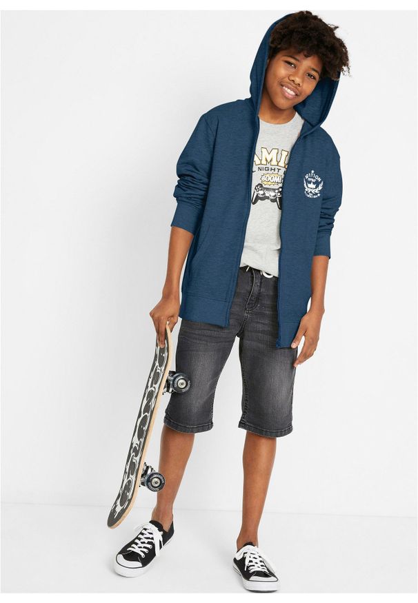 bonprix - Bluza rozpinana z kapturem, z czystej bawełny. Typ kołnierza: kaptur. Kolor: niebieski. Materiał: bawełna. Wzór: nadruk, aplikacja. Sezon: lato