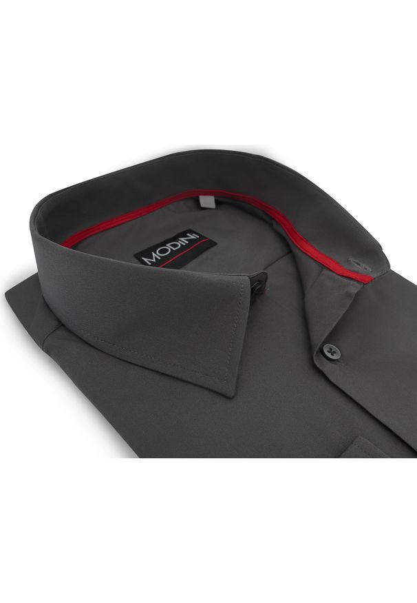 Modini - Grafitowa gładka koszula męska A66. Kolor: szary. Materiał: bawełna, poliester, tkanina. Długość: długie. Wzór: gładki