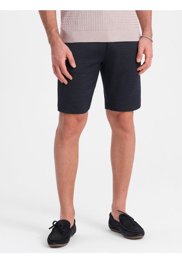 Ombre Clothing - Męskie szorty ze strukturalnej dzianiny z kieszeniami chino - granatowe V1 - Rozmiar: XL. Okazja: na co dzień. Kolor: niebieski. Materiał: dzianina. Styl: casual