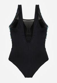 Born2be - Czarno-Zielony Kopertowy Strój Kąpielowy Jednoczęściowy z Siateczką i Paskiem Raera. Kolor: czarny. Materiał: len #4