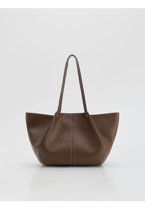 Reserved - Torebka shopper - beżowy. Kolor: beżowy. Materiał: skórzane
