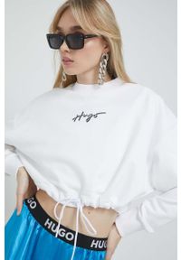 Hugo - HUGO bluza bawełniana damska kolor biały z nadrukiem. Kolor: biały. Materiał: bawełna. Wzór: nadruk #3