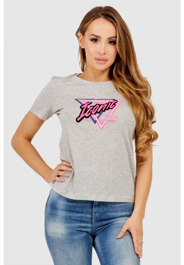 Guess - GUESS Szary t-shirt damski iconic, Rozmiar XS. Kolor: szary. Materiał: bawełna. Wzór: aplikacja