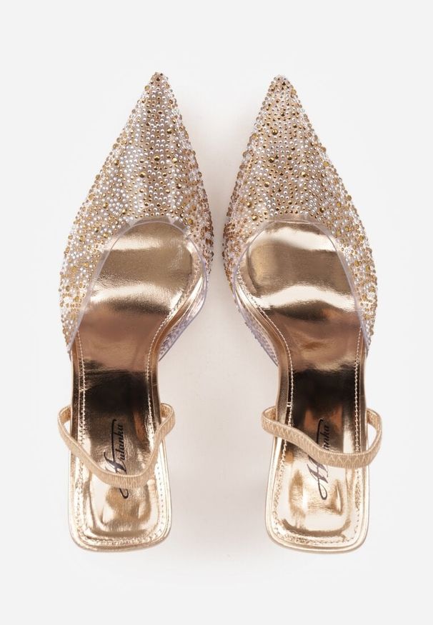 Renee - Szampańskie Szpilki z Odkrytą Piętą i Transparentnym Noskiem z Cyrkoniami Kalinata. Okazja: na co dzień. Kolor: złoty. Materiał: jeans, koronka. Wzór: aplikacja. Obcas: na szpilce. Styl: wizytowy, casual, klasyczny