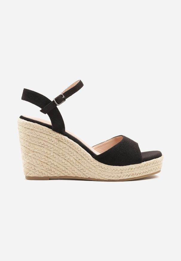 Renee - Czarne Sandały na Koturnie z Plecionką i Skórzaną Wkładką w Stylu Boho Novalea. Okazja: na co dzień. Zapięcie: sprzączka. Kolor: czarny. Materiał: skóra. Sezon: lato. Obcas: na koturnie. Styl: boho