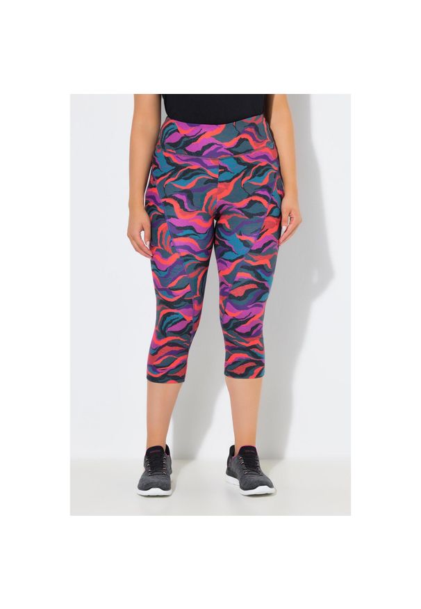 ULLA POPKEN - Damskie Legginsy sportowe 3/4 dżersej termiczny wysoki stan z recyklingu. Stan: podwyższony. Kolekcja: plus size. Kolor: wielokolorowy. Materiał: poliester, elastan, materiał. Sport: joga i pilates