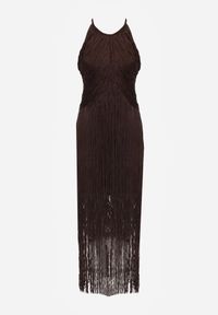 Born2be - Brązowa Koktajlowa Sukienka na Ramiączkach Zdobiona Frędzlami Kelennea. Kolor: brązowy. Długość rękawa: na ramiączkach. Wzór: aplikacja. Typ sukienki: dopasowane. Styl: wizytowy #7