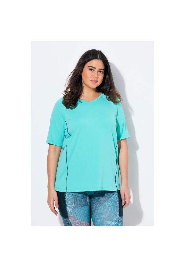 ULLA POPKEN - Damskie T-shirt ochrona UV 50+ dekolt w serek rękaw 1/2. Typ kołnierza: dekolt w serek. Kolekcja: plus size. Kolor: niebieski, wielokolorowy, zielony. Materiał: poliester, materiał, elastan