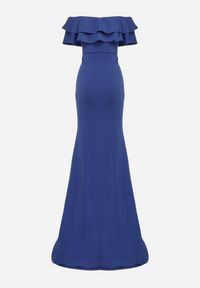 Born2be - Granatowa Elegancka Sukienka Typu Hiszpanka z Rozkloszowanym Dołem i Wycięciami Tumini. Okazja: na imprezę. Typ kołnierza: dekolt hiszpanka. Kolor: niebieski. Materiał: skóra. Długość rękawa: krótki rękaw. Typ sukienki: dopasowane, rozkloszowane. Styl: elegancki #2