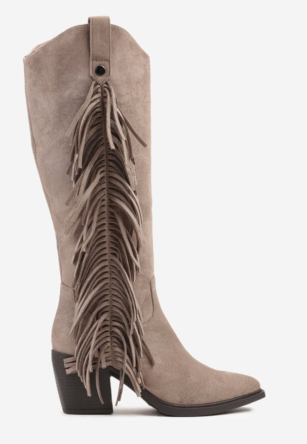 Renee - Beżowe Kozaki Kowbojki na Stożku Zdobione Frędzlami Nucca. Kolor: beżowy. Materiał: zamsz. Wzór: aplikacja. Obcas: na stożku. Styl: boho. Wysokość obcasa: średni