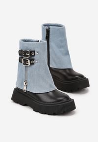 Born2be - Niebieskie Botki w Stylu Workerów z Wywiniętą Cholewką i Metalicznymi Klamrami Falonna. Okazja: na co dzień. Zapięcie: klamry. Kolor: niebieski. Materiał: jeans. Szerokość cholewki: normalna. Styl: klasyczny, casual
