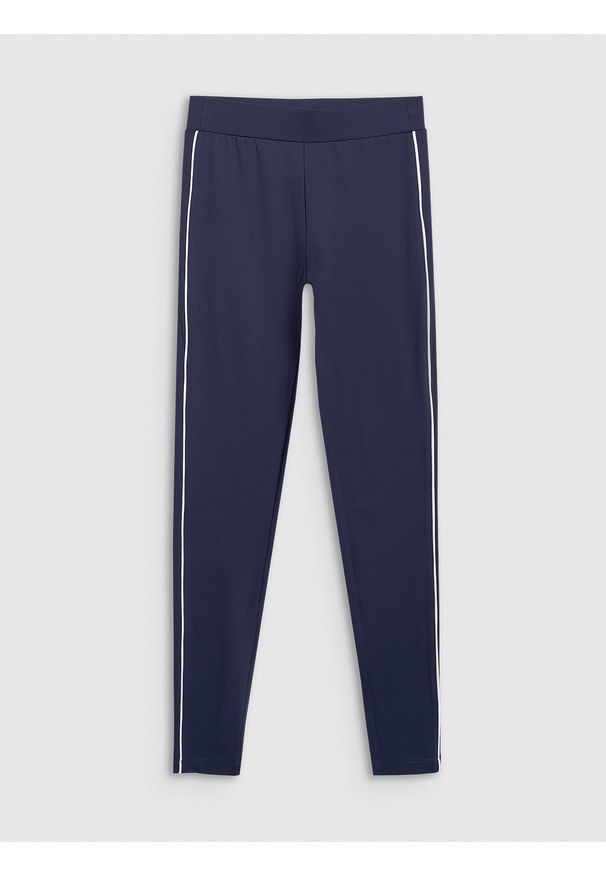 4f - 4F Legginsy dzianinowe damskie - granatowe M. Okazja: na co dzień. Kolor: niebieski. Materiał: dzianina. Wzór: gładki, ze splotem. Styl: casual