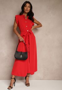 Renee - Czerwona Sukienka z Paskiem Koszulowa o Rozkloszowanym Fasonie Mavoselle. Okazja: na co dzień. Kolor: czerwony. Materiał: jeans. Typ sukienki: koszulowe. Styl: elegancki, casual #5