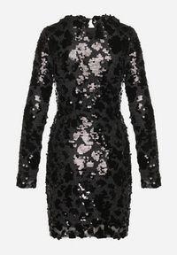 Born2be - Czarna Taliowana Sukienka z Cekinami i Metaliczną Nicią Ventheia. Okazja: na co dzień. Kolor: czarny. Wzór: aplikacja. Typ sukienki: dopasowane. Styl: klasyczny, casual #7