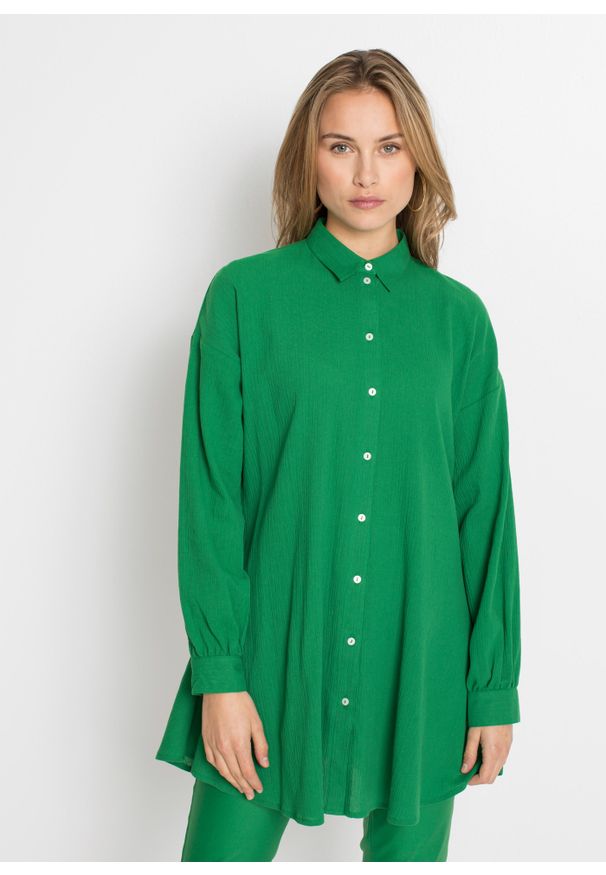 bonprix - Długa bluzka z kreszowanego materiału. Kolor: zielony. Materiał: materiał. Długość: długie