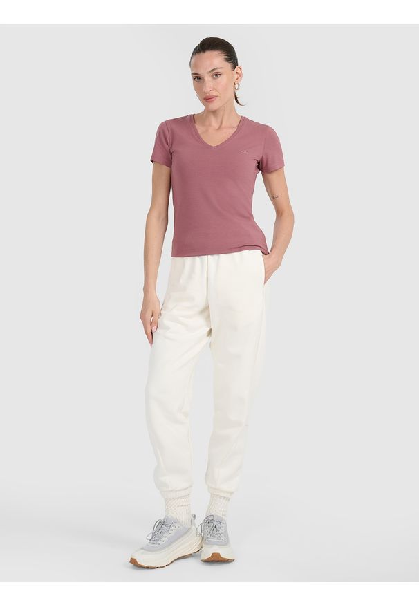 4f - 4F T-shirt slim gładki damski - różowy XS. Okazja: na co dzień. Typ kołnierza: dekolt w serek. Kolor: różowy. Materiał: bawełna, skóra. Wzór: gładki. Styl: casual