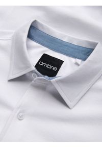 Ombre Clothing - Dzianinowa męska koszula slim fit z krótkim rękawem i kołnierzykiem – biała V1. Typ kołnierza: polo. Kolor: biały. Materiał: dzianina. Długość rękawa: krótki rękaw. Długość: krótkie. Styl: sportowy, elegancki #6