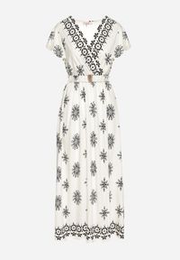 Born2be - Jasnobeżowa Sukienka w Ornamentalny Wzór z Elastycznym Paskiem Tosvanna. Okazja: na co dzień. Kolor: beżowy. Długość rękawa: krótki rękaw. Wzór: aplikacja. Typ sukienki: kopertowe, proste. Styl: klasyczny, casual, elegancki #7