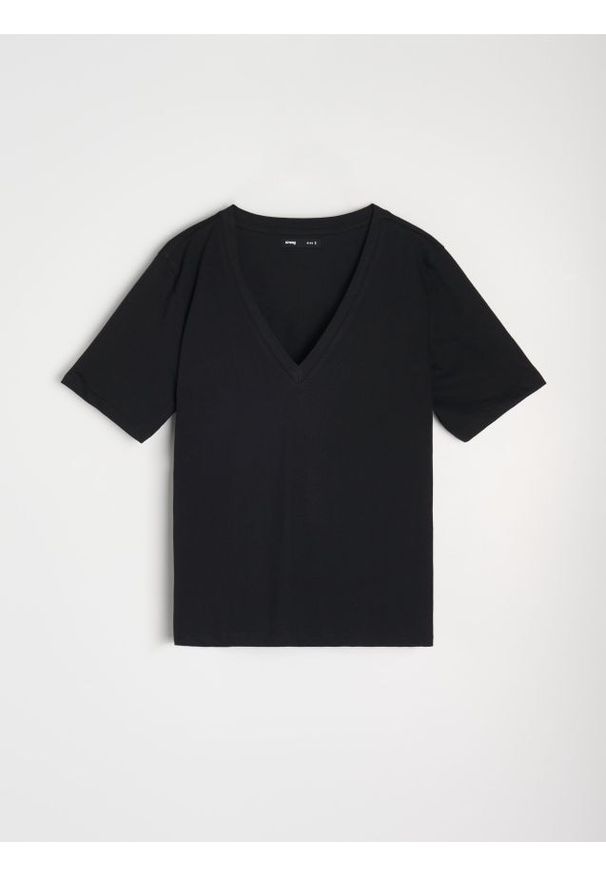 Sinsay - Bawełniana koszulka z dekoltem V - czarny. Kolor: czarny. Materiał: bawełna